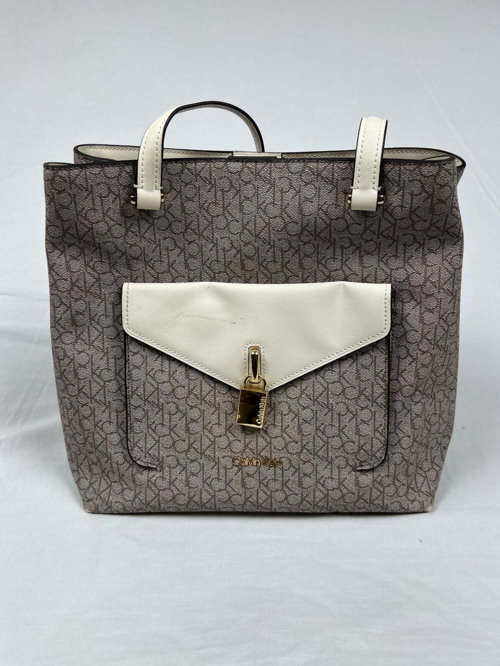 Calvin Klein Monogram Brown and White Tote Bag with Lock Accent